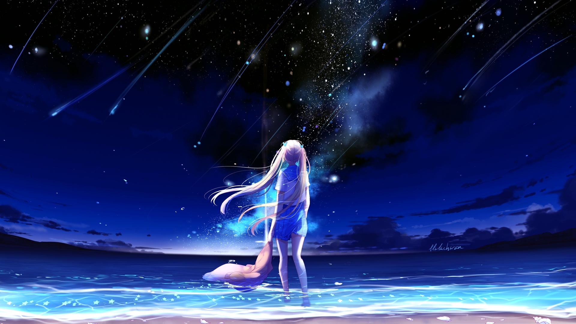 二次元夜景插画，身着水手服的少女站在浅海水中，背对镜头望向布满流星繁星的深蓝色夜空。