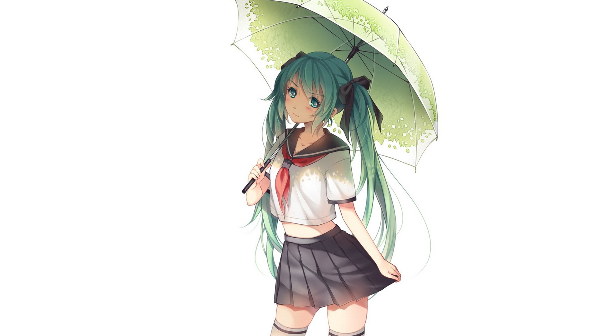 纯白无背景空间中，青绿色长发的初音未来身着黑白红水手服，手持淡绿色印花透明雨伞立于画面偏右侧。