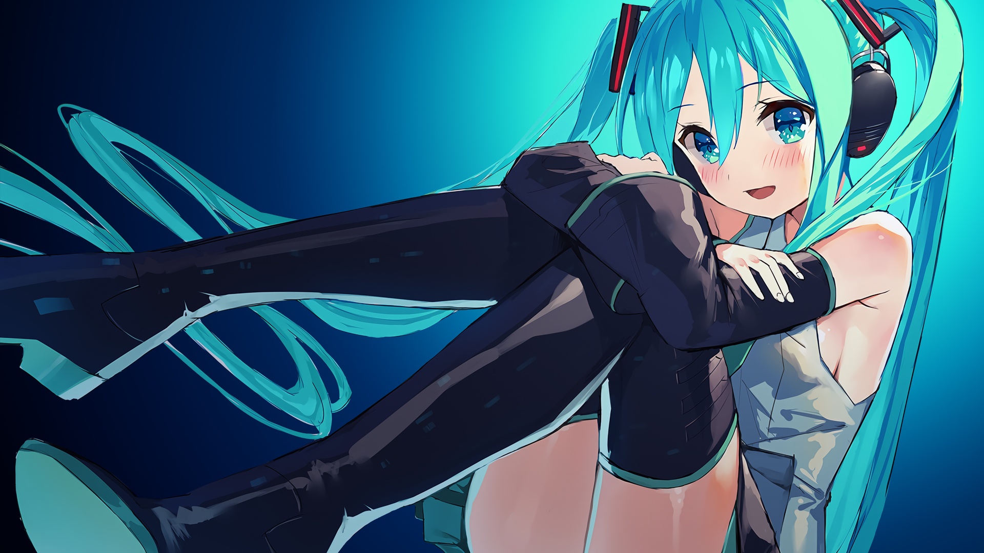 日系二次元插画，青蓝双马尾初音未来侧坐，佩戴黑红配色头戴耳机，背景为深浅青蓝渐变。