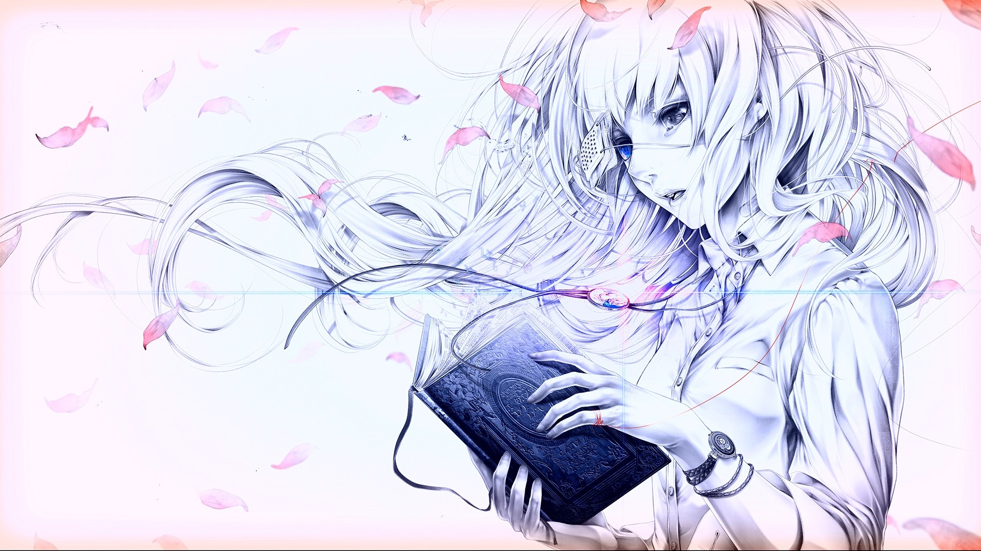 横版手绘插画，一位佩戴眼罩的二次元少女位于画面右侧，长发向左舒展延伸，手中捧着一本带有浮雕纹饰的深色旧书，画面散落着淡粉色飘落花瓣，整体以淡粉、浅白、灰紫低饱和冷调构成，左侧留有大量浅淡留白区域。