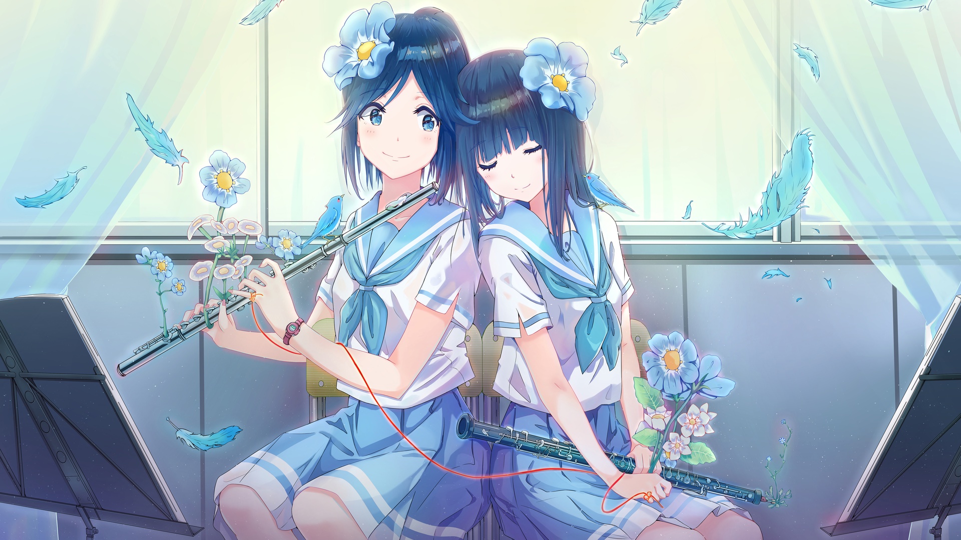 日系二次元插画，两名身着蓝白水手服的动漫少女在音乐教室靠窗位置，其中一人手持银色长笛，窗边点缀蓝色小花，飘着浅色羽毛与细碎光斑，整体为浅蓝奶白淡紫的清新冷色调。