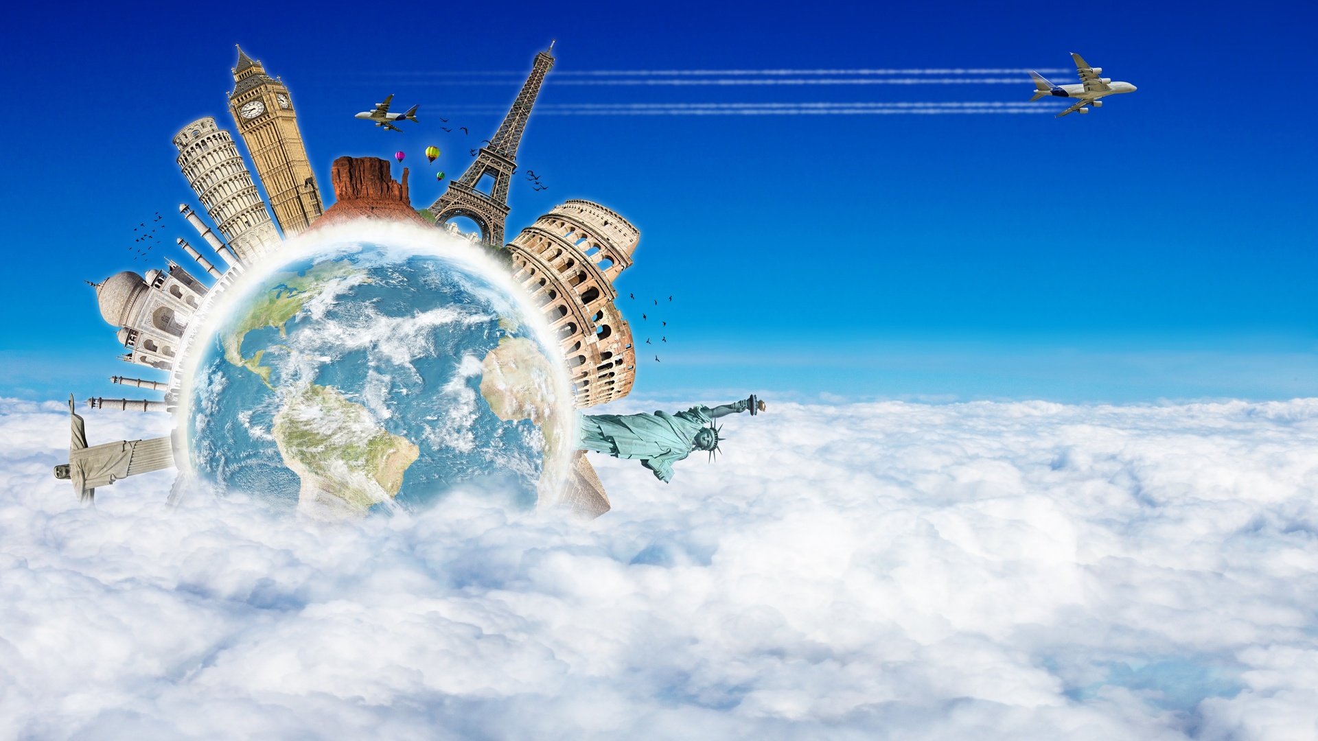高空云海之上，地球边缘环绕排布多座世界知名地标，上方蓝天中飞行着民航客机。