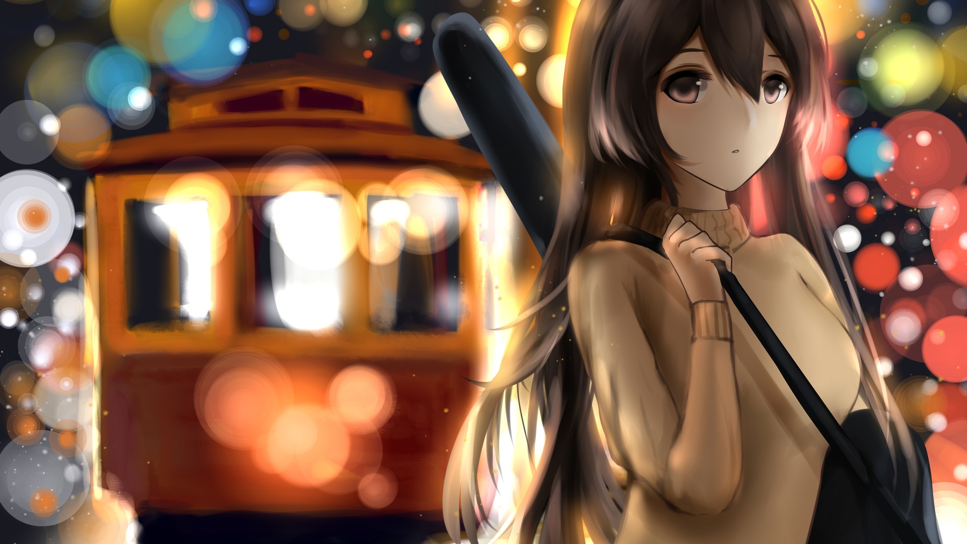 暖橙调城市夜景里，画面右侧是黑长发动漫少女，左侧亮着暖光的复古有轨电车沿街停靠，背景布满多彩圆形散景光斑。