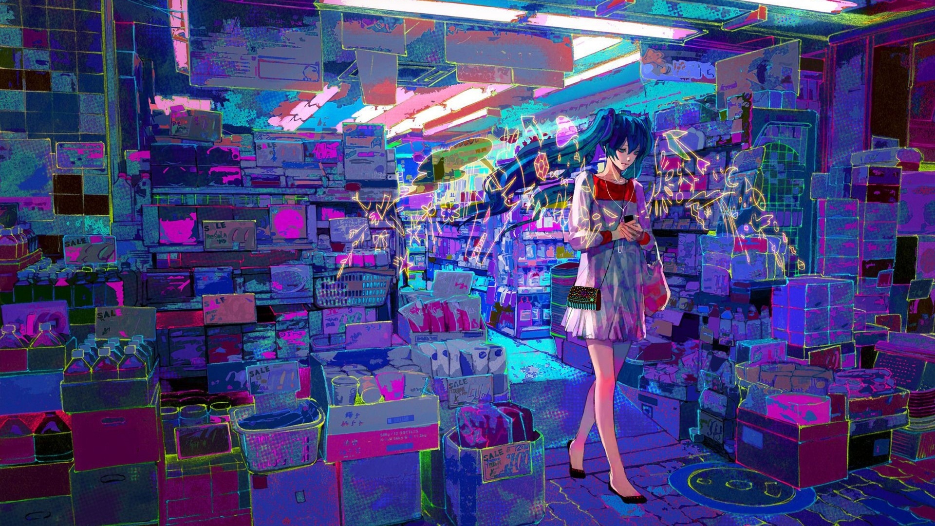 赛博朋克霓虹风格插画，蓝绿色双马尾的初音未来站在摆满商品的便利店通道内，四周是荧光蓝紫、亮霓虹粉的高饱和度撞色灯光。