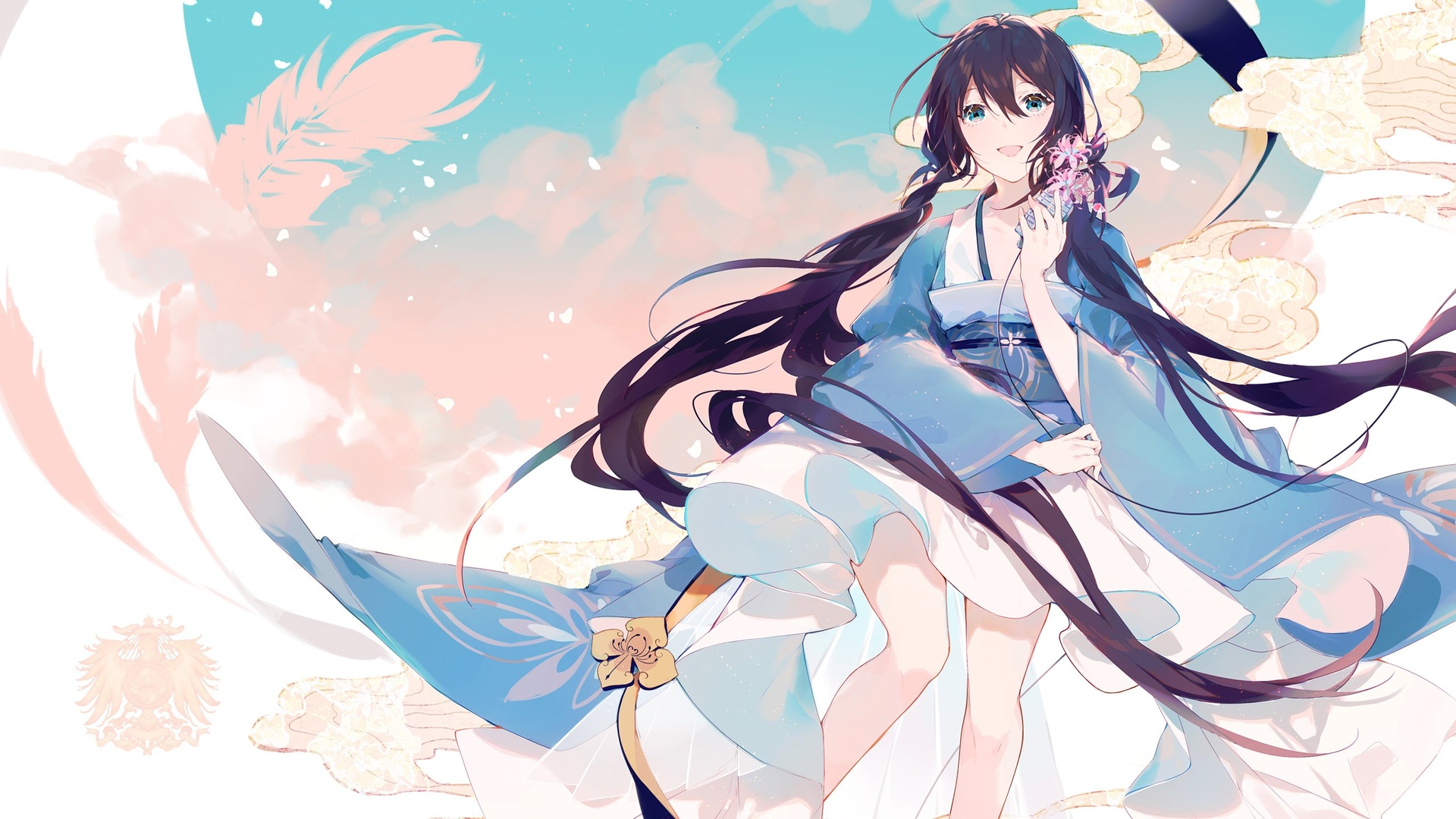 画面右侧是长发动漫少女，身着蓝白古风和服，背景为浅蓝柔粉晕染的梦幻云空，左侧云羽装饰区域留白充足。