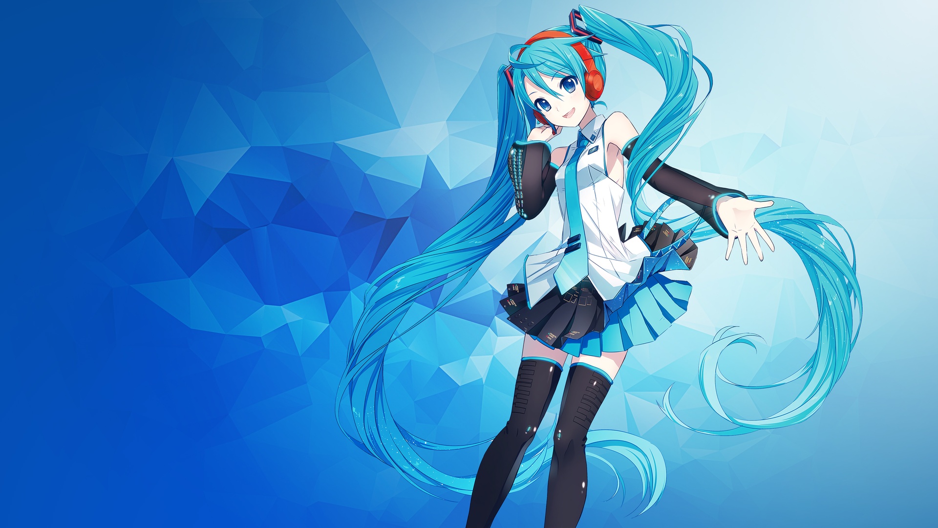 日系动漫插画画面，初音未来以黑身浅蓝镶边分体服饰搭配黑短靴，位于画面右侧，超长蓝青双马尾向左侧舒展，背景是低多边形蓝渐变几何纹理，左侧留空。