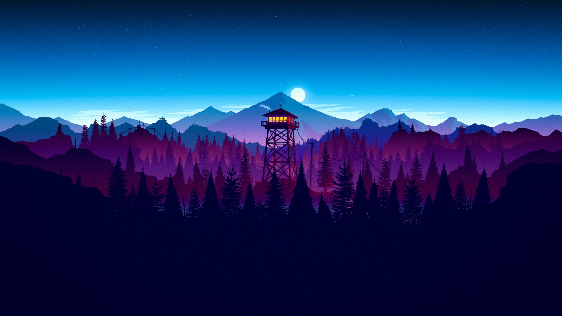 扁平化夜景插画，满月星空下的山林高架瞭望塔。