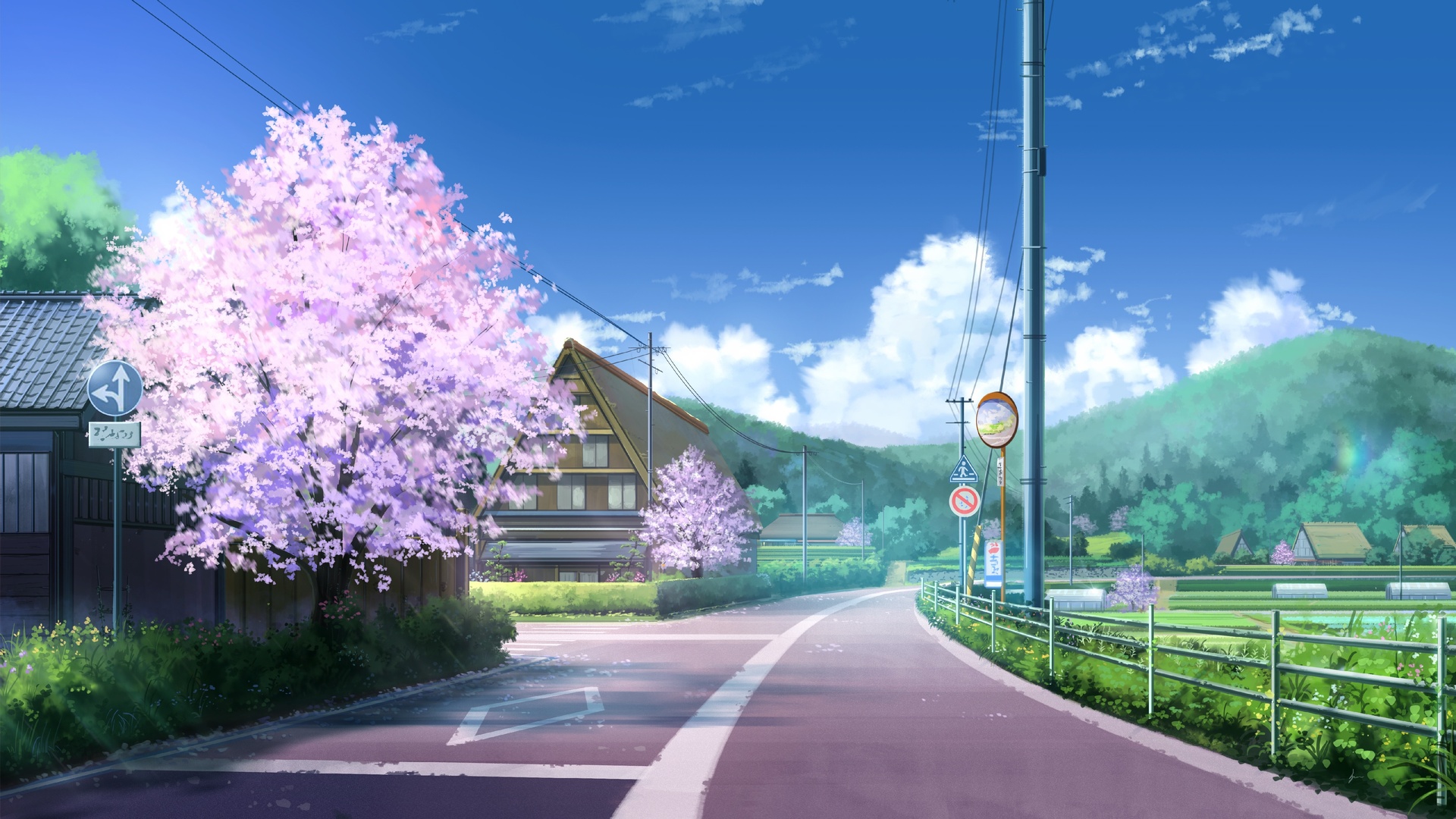 日系插画，左侧满开粉紫色樱花的弯曲乡间小路，路旁立有交通标识牌，远处分布日式民居、嫩绿色田野与层叠青山，上方是晴朗蔚蓝色蓝天。