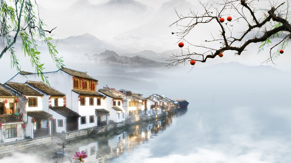 简约淡雅 中国风 水墨画 湖 河流 小镇 柳树 4K壁纸壁纸