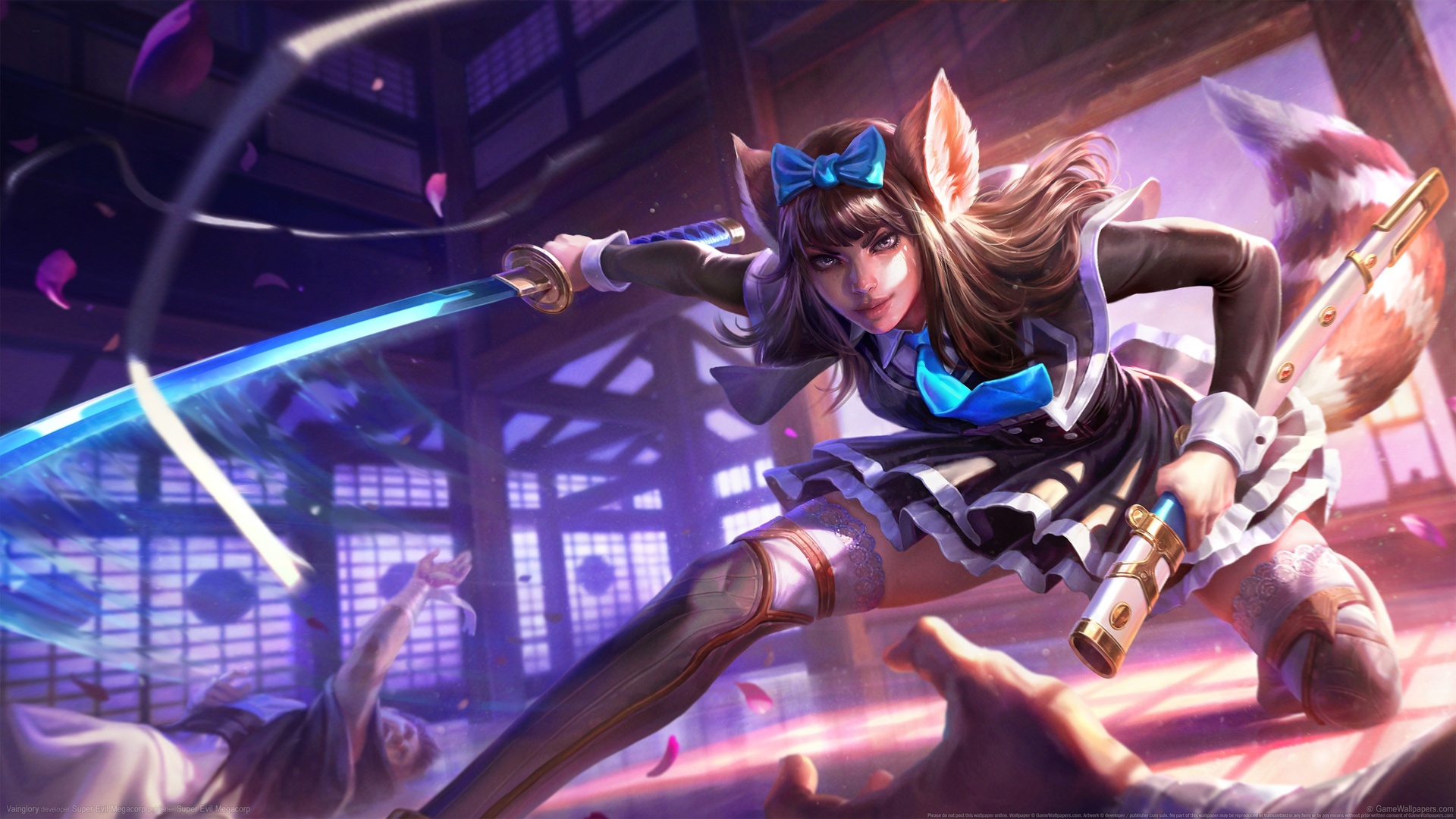 持发光武士刀的兽耳少女，日式庭院紫调背景