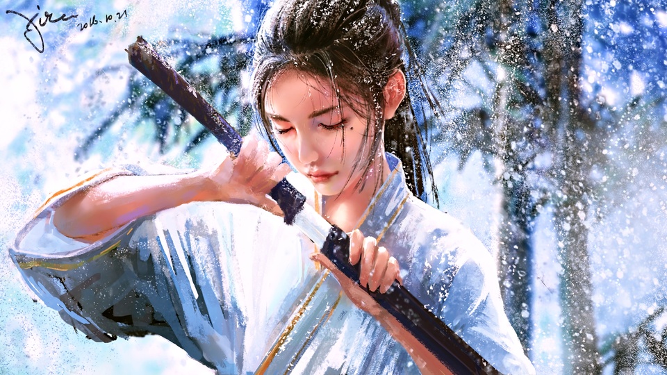 女孩 宝剑 武士 雪 4k动漫壁纸壁纸