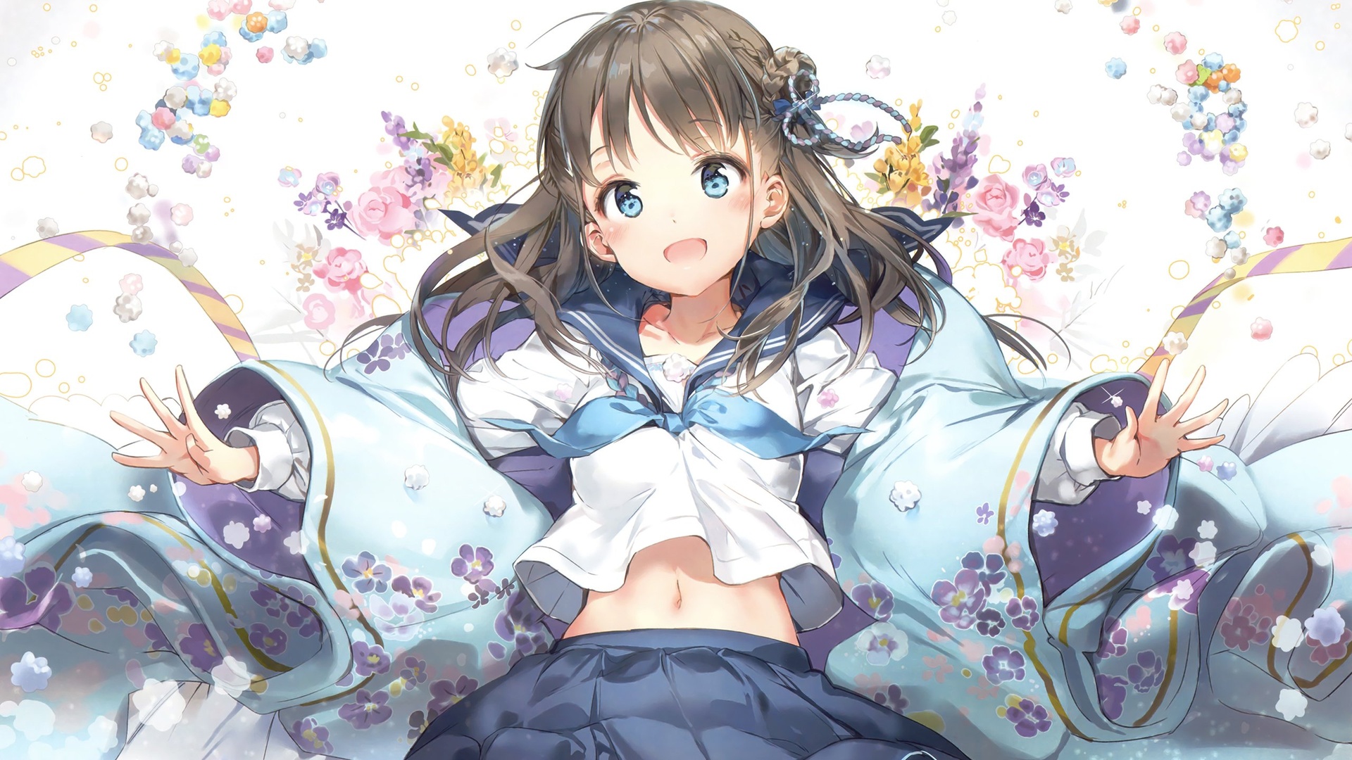浅淡花境中，面带笑意的棕发蓝眼二次元少女居于画面中心，身着短水手服搭配印小花纹样的浅蓝紫色宽袖外袍，四周环绕多色细碎花饰，整体是清新日系插画风格。