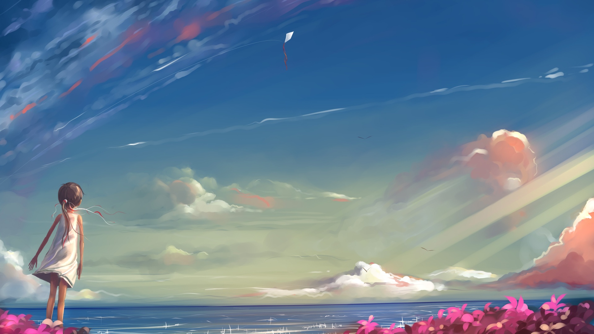 横版日系插画：左下背向浅发少女站在开阔岸边，上空是粉橙云霞与穿透云层的光束，飘着风筝，右下角是亮粉色花丛。
