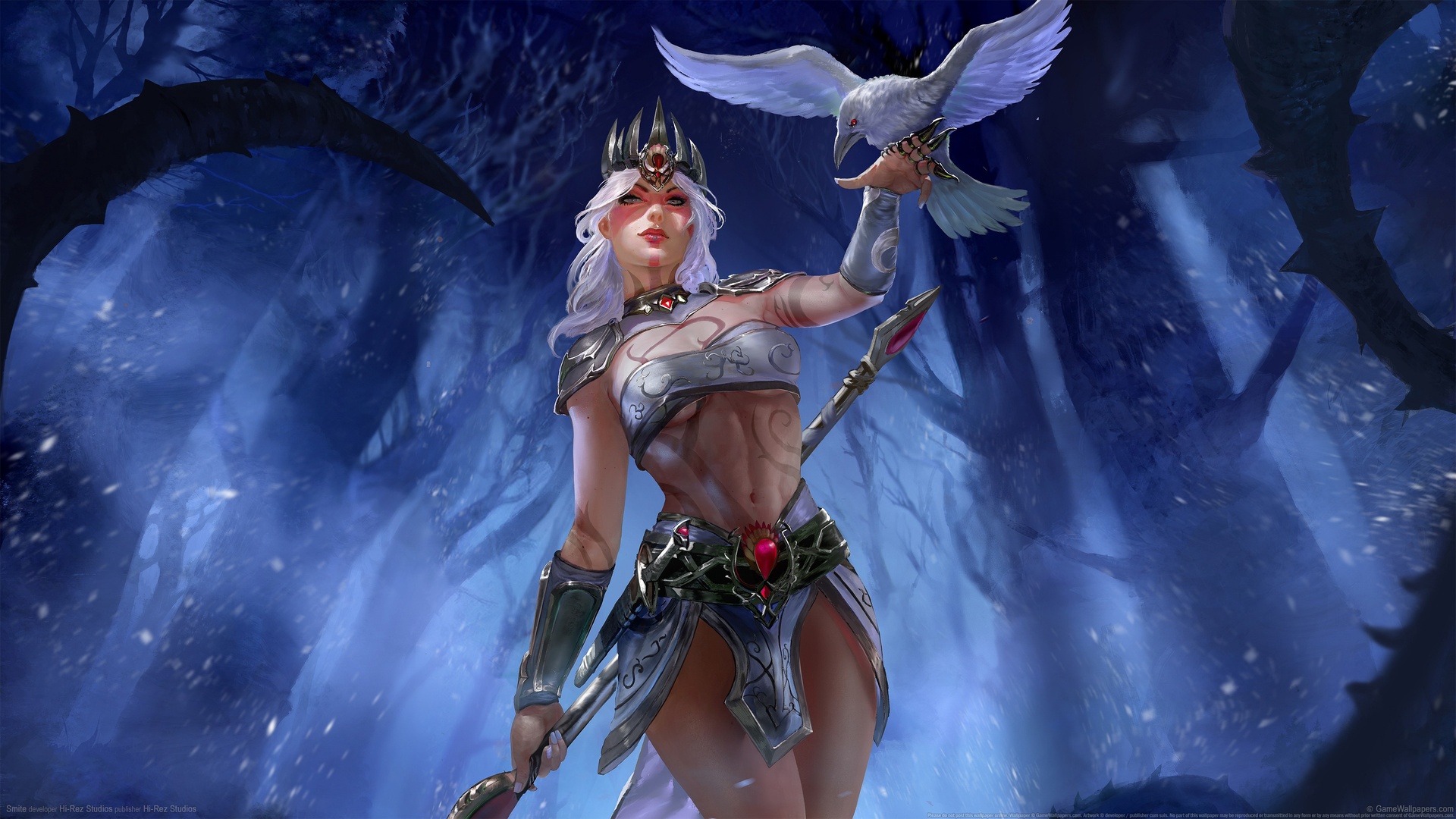 白发银甲女战士站在飘雪的深蓝迷雾森林中，左手托着展翅的白鹰