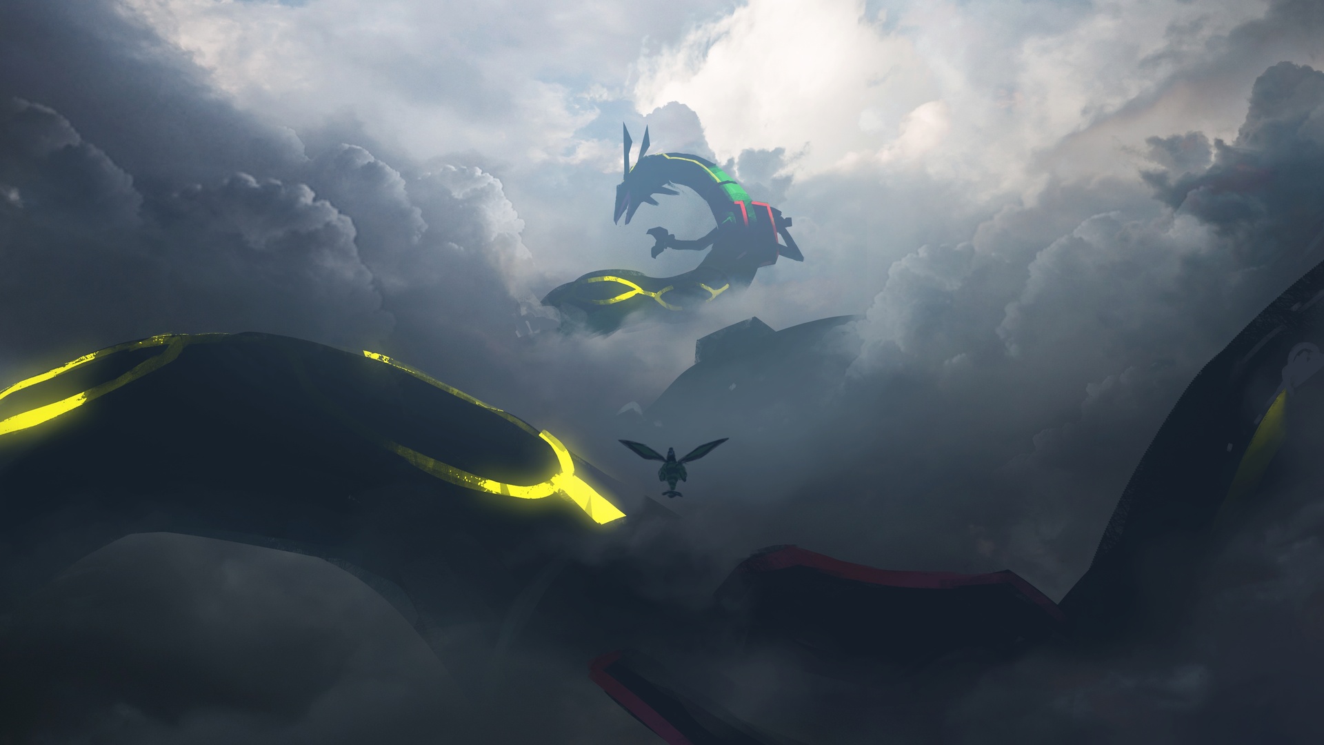 雾霭环绕的浩瀚云海中，盘曲的巨型龙形生物隐现，旁侧伴生小型飞虫生物。