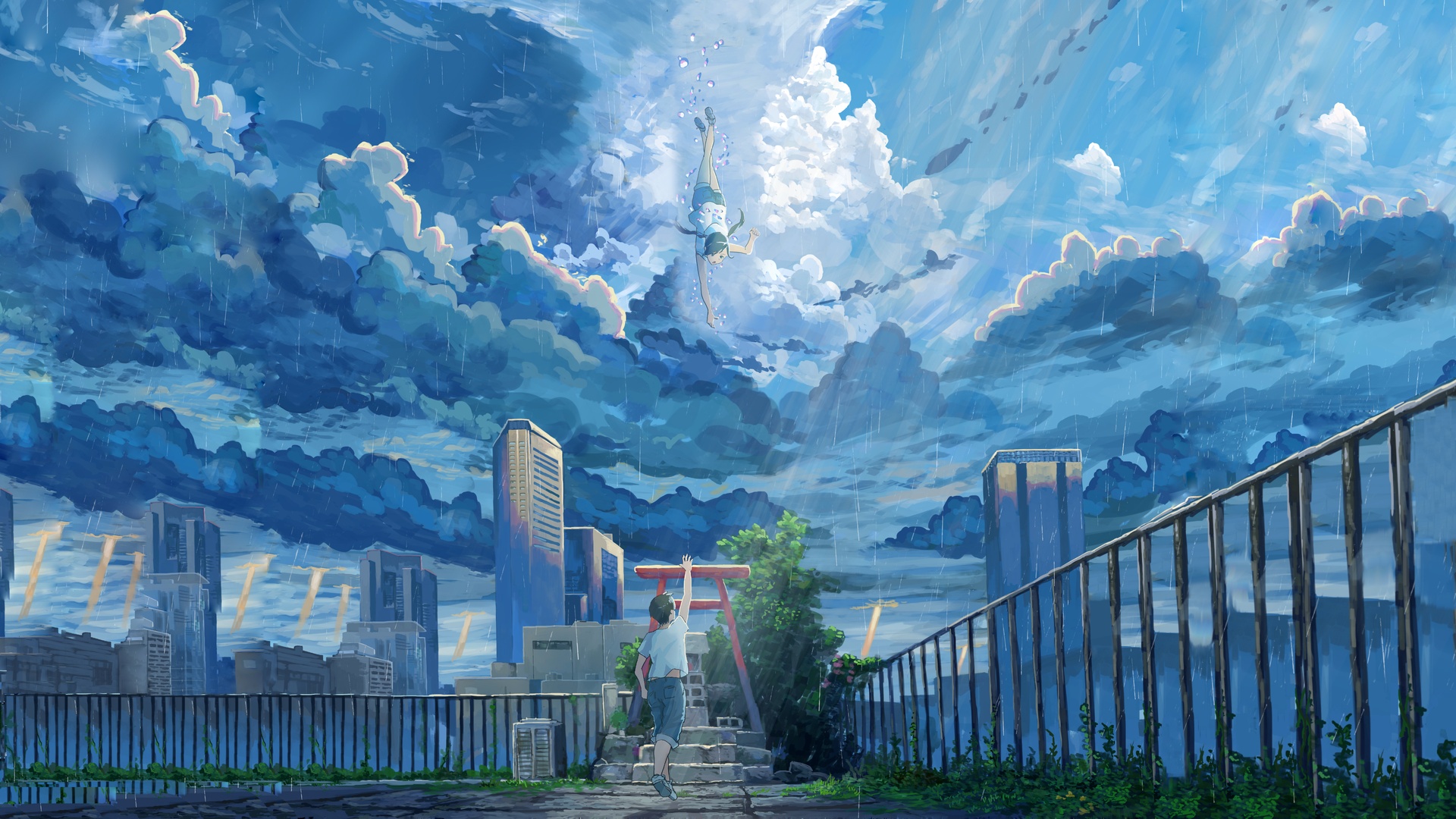 雨天城市天台场景，穿浅色短袖深色下装的森岛帆高站在带黑色金属栏杆的平台上抬手伸向空中，天野阳菜倒置悬浮于雨幕云层间，周身带细碎亮片，阴沉蓝色积雨云覆盖天空，金色光柱穿透云层投向下方林立的现代高楼，画面远处可见橙红色鸟居与石阶，平台边缘生长着鲜绿色杂草，云边晕染浅暖粉色。