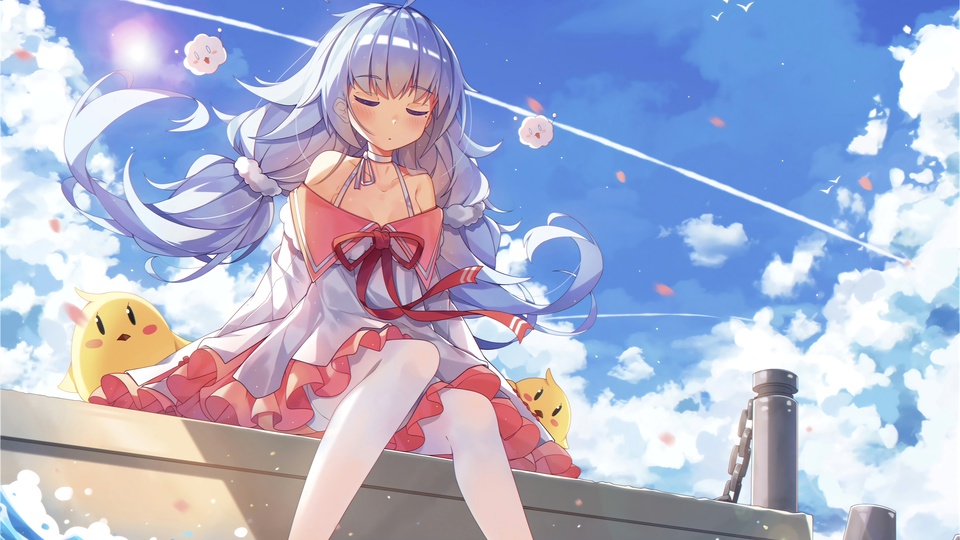 大海 蓝色天空 可爱 动漫少女4k壁纸壁纸