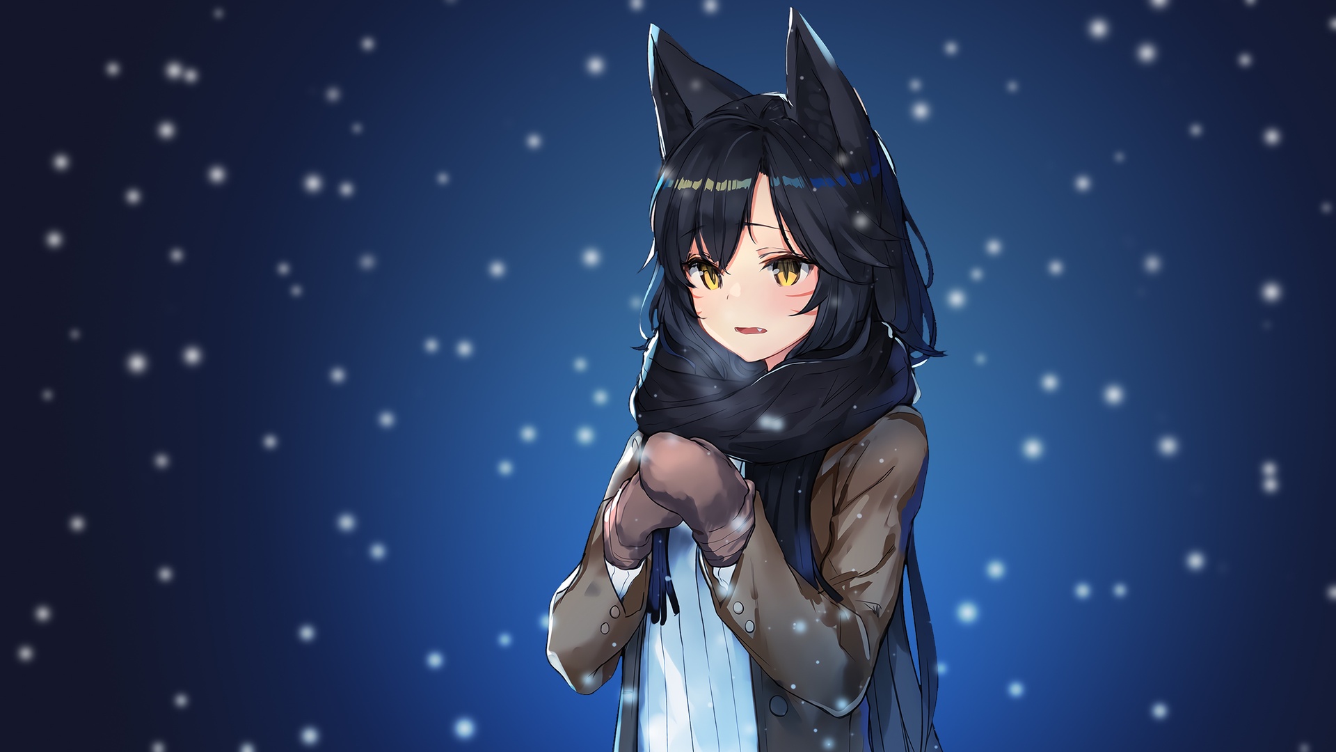 深蓝色夜空飘落雪花，积雪地面上，右侧站着黑发尖耳黄瞳少女，佩戴黑色厚围巾，身着深色冬日服饰，左侧为深蓝色空白区域。