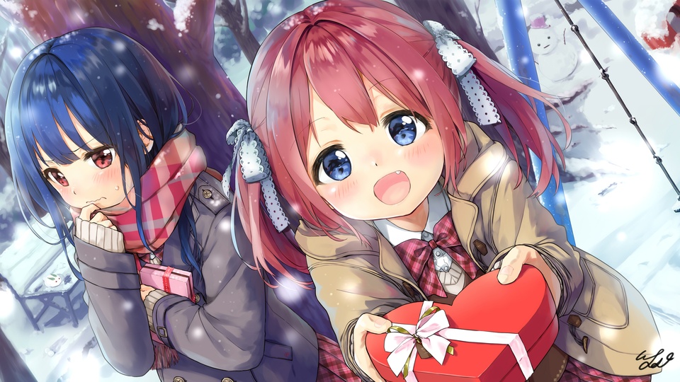 两个 可爱 小女孩 雪人 冬季 雪 树 4k动漫壁纸壁纸