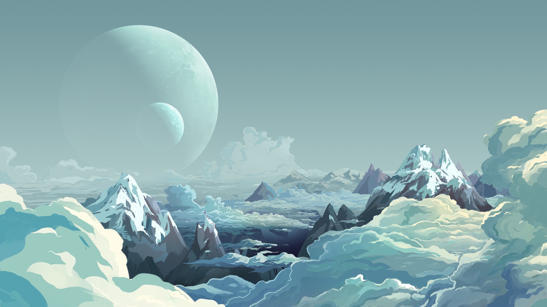 冷青蓝色调的横版动漫风景，覆雪高山从米白色云海中露出，画面左上方悬着两枚大小不一的淡青色天体，上半部分为纯净淡色天空。