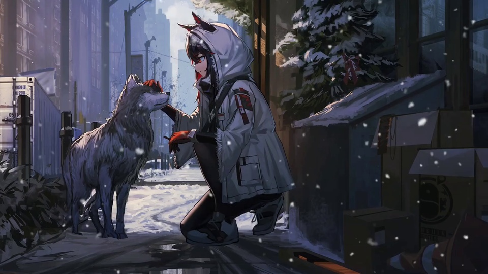 飘雪的城市街道上，戴红黑角饰连帽白外套的少女单膝蹲在步道上，抬手轻抚身旁灰狼的头顶，周边遍布积雪，远处是朦胧的高层楼宇。