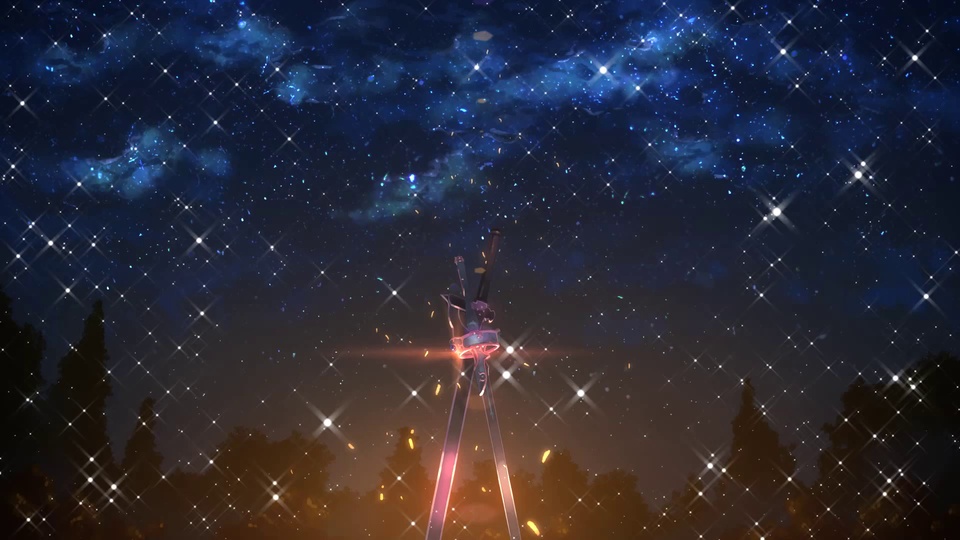 蓝紫色布满星芒的夜空下，暖光林木前立着发光双剑。