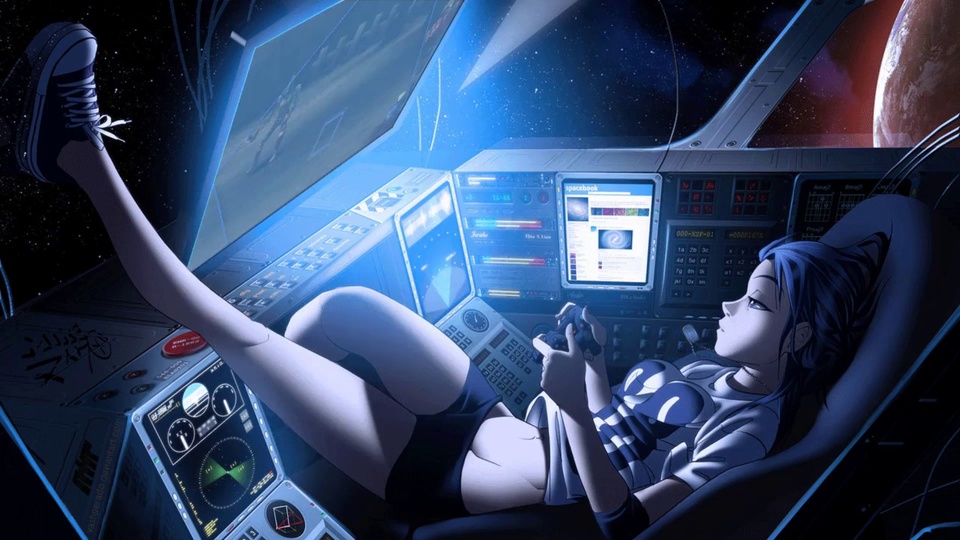 冷蓝色调的科幻飞船驾驶舱内，蓝发二次元少女斜靠在驾驶座椅上，手持游戏手柄，一条腿搭在控制台边缘，舷窗外可见星空与红褐色行星天体，舱内布满显示屏与操作按钮。