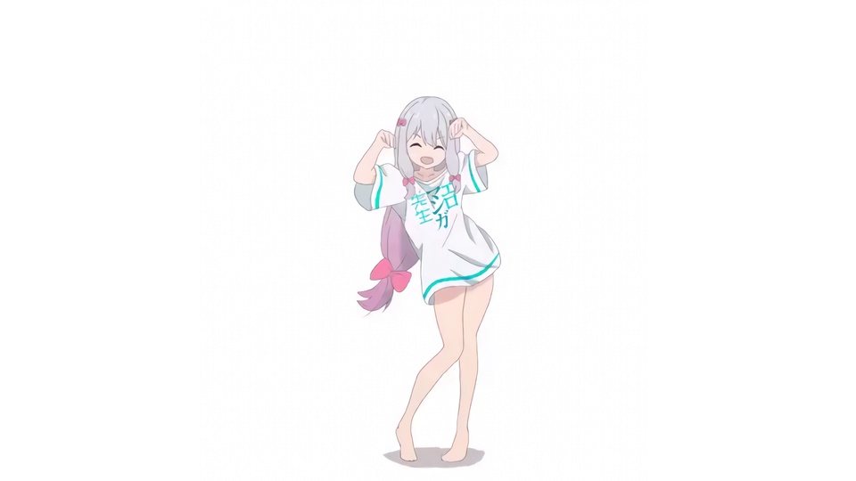 纯白背景粉紫长发二次元少女白T恤光脚站立