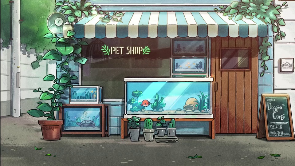 手绘风临街宠物店外观，蓝白遮阳棚爬满藤蔓，门前摆放水族箱与多盆盆栽，灰硬地面散落绿叶。