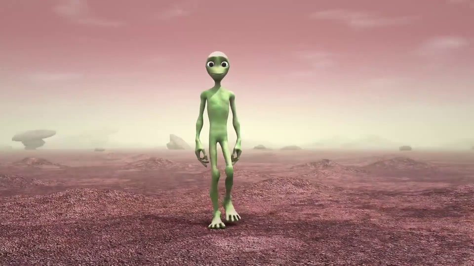 3D卡通风格绿色外星人在粉调红色荒漠上向前行走