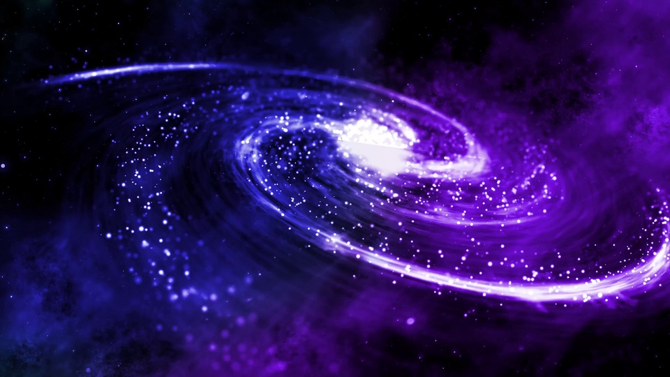 紫蓝渐变螺旋星云，亮白核心向外延展，深黑深空背景散布细碎星点。