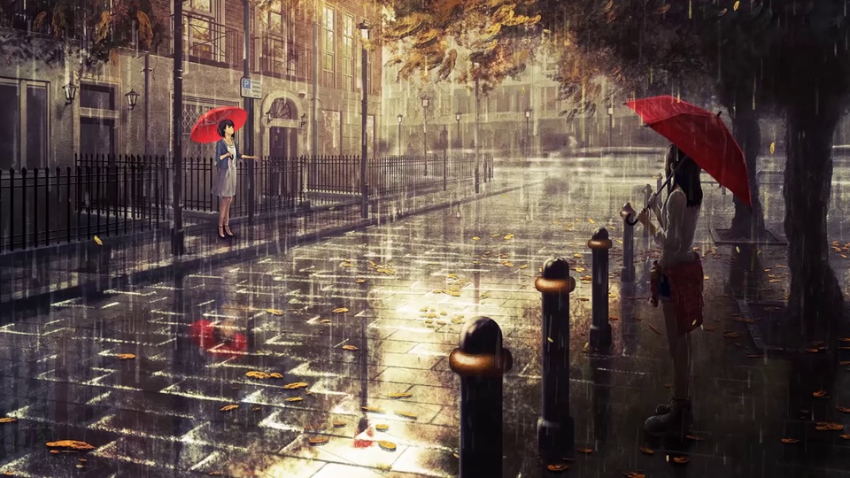 雨中欧洲街道，两名撑红伞少女站在两侧步道，湿滑石板路散落秋叶