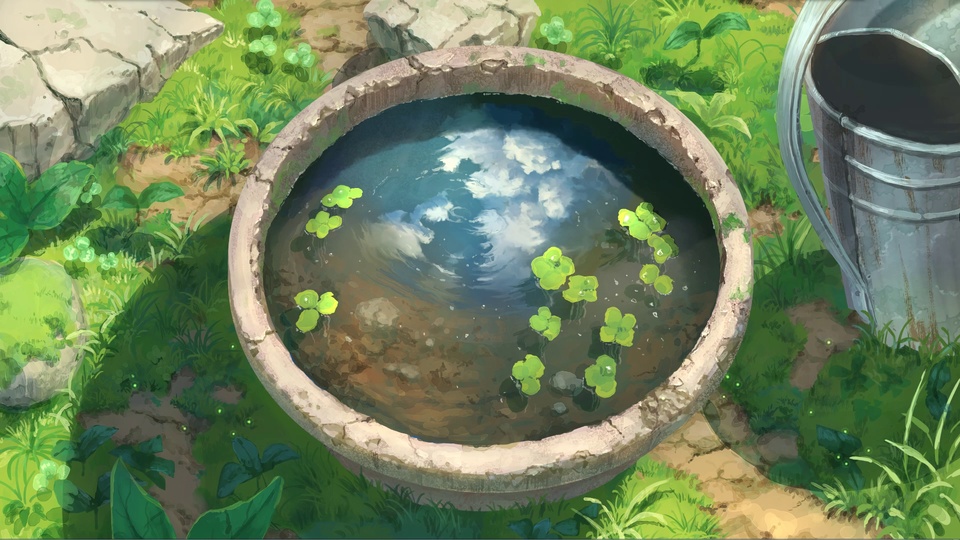俯视视角的石缸浮水绿植庭院小景