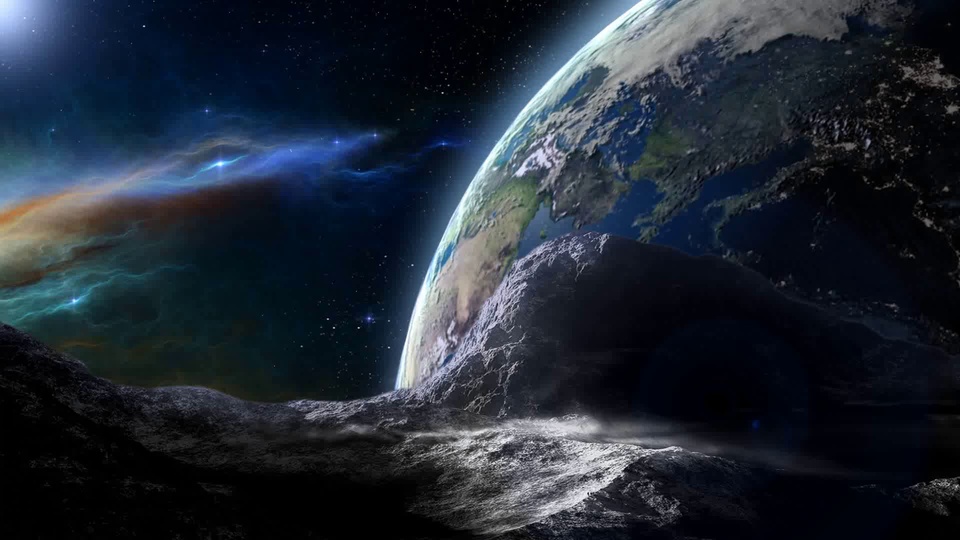 深空环境中弧形行星与前景岩块构成的科幻宇宙景观