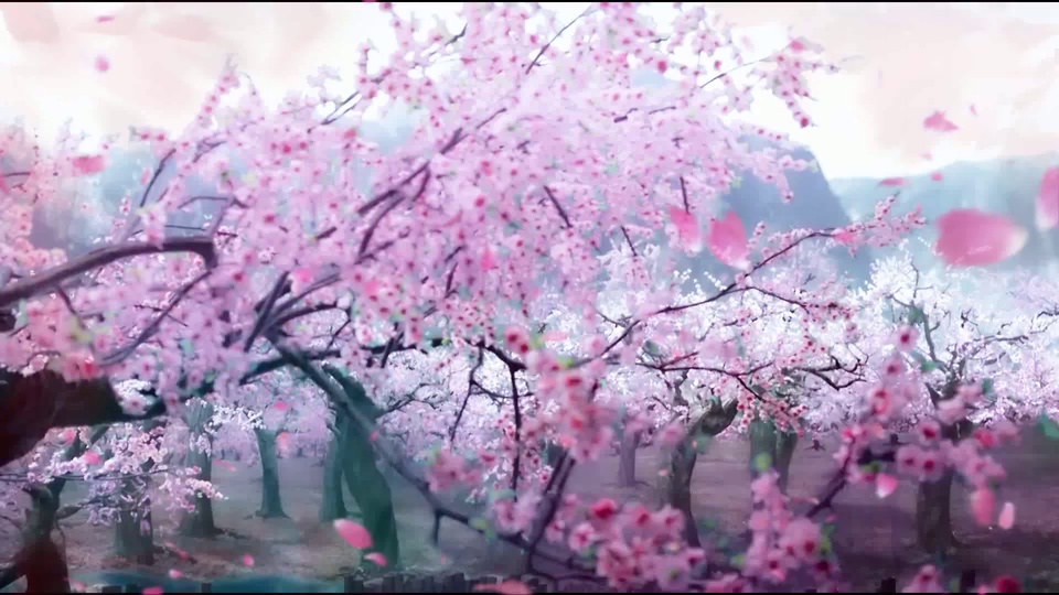 盛开花林场景，漫天飘落粉色花瓣，背景是雾状淡蓝远山。
