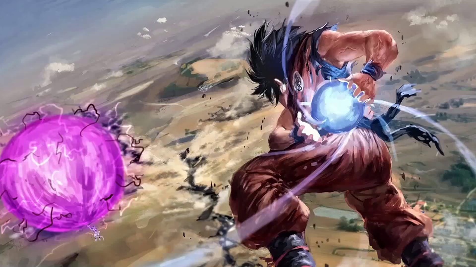 武道武者半蹲蓄力凝聚蓝色能量球，画面左侧悬浮紫色能量球，背景为开阔郊野。