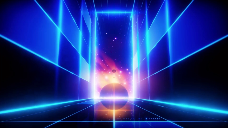 对称蓝紫霓虹光效的科幻抽象空间，中央发光门框内呈现橙色光晕与星点。