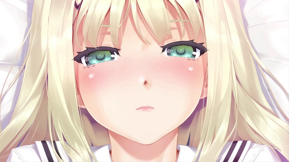 金发绿眼少女脸颊泛红的正面近景插画