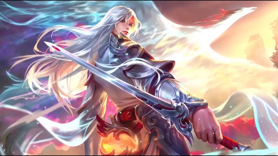 银长发古风银甲武士持剑而立，身侧伴随流光白凤凰，背景为紫蓝暖金渐变灵雾。