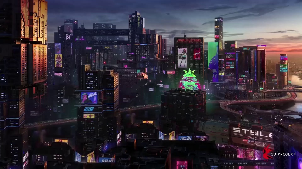 黄昏时分霓虹笼罩的赛博朋克都市摩天楼群，浮空载具穿行楼间。