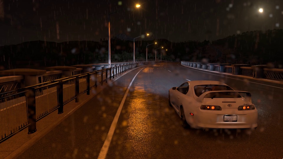 雨夜城市桥梁弯道上的白色丰田Supra轿跑车，湿润沥青路面映出暖黄色路灯反光，朦胧夜色笼罩街景