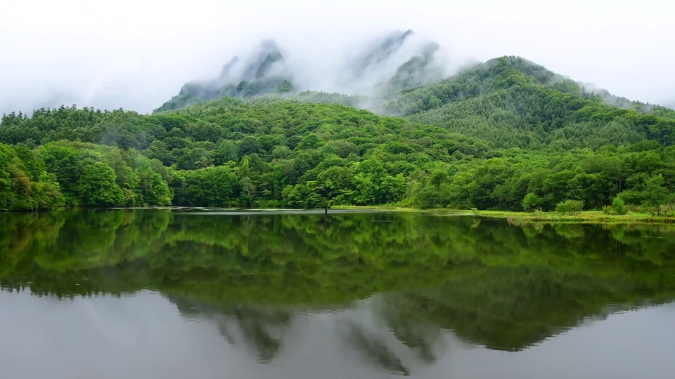 写实摄影风格的山林湖泊自然景观，覆满翠绿林木的青山环绕着镜面般平静的湖水，山间萦绕着浅灰白色的云雾。