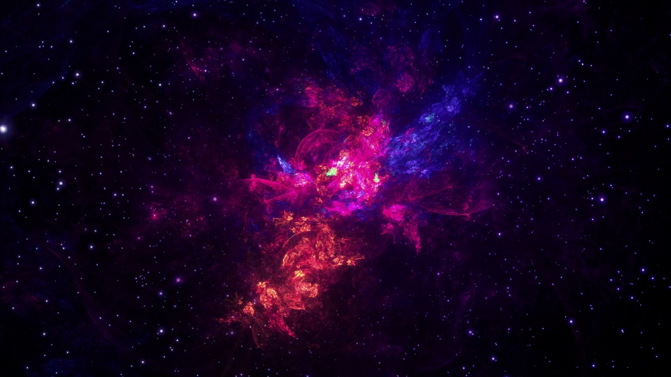 深空星空中弥散着紫粉橙交织的绚烂星云，四周散落细碎发光星点。