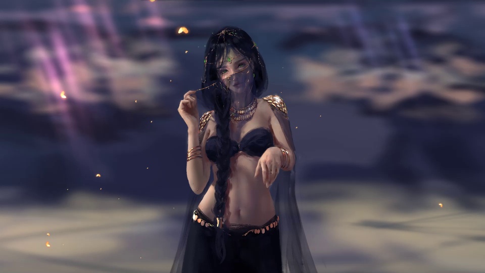 紫雾弥漫的幻境中，佩戴多层金饰的深色长发女子身着黑色露腰服饰，抬手轻拉面饰链。