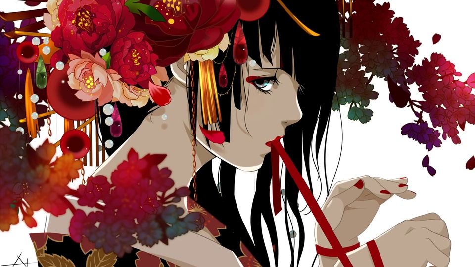 黑发和风少女头戴红花发饰红带插画