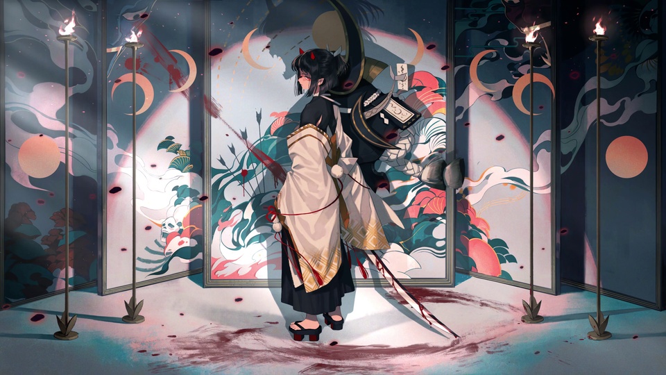 带红鬼角的黑发少女侧立殿内，持带血武士刀，背景是绘着新月云纹的和风折屏。