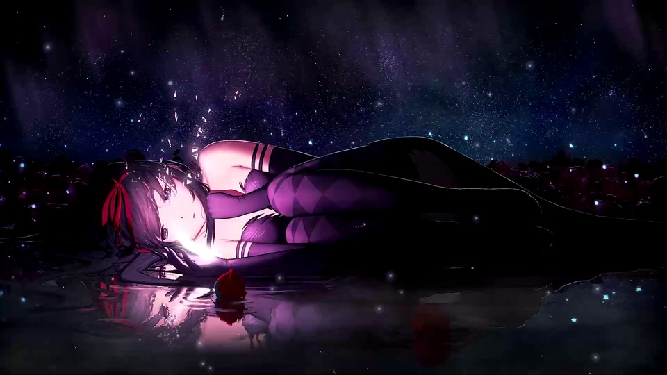 紫调星夜下，侧卧在水面的黑发二次元少女，水面倒映出红玫瑰轮廓。