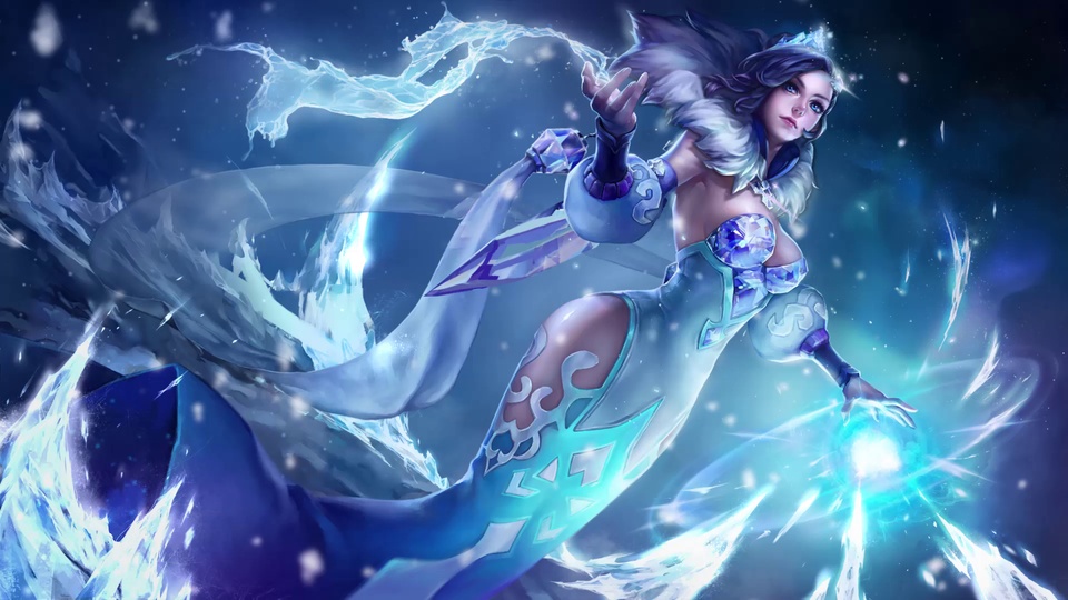 持魔法光团的冰晶长裙女法师，周围环绕流动冰带与飞雪