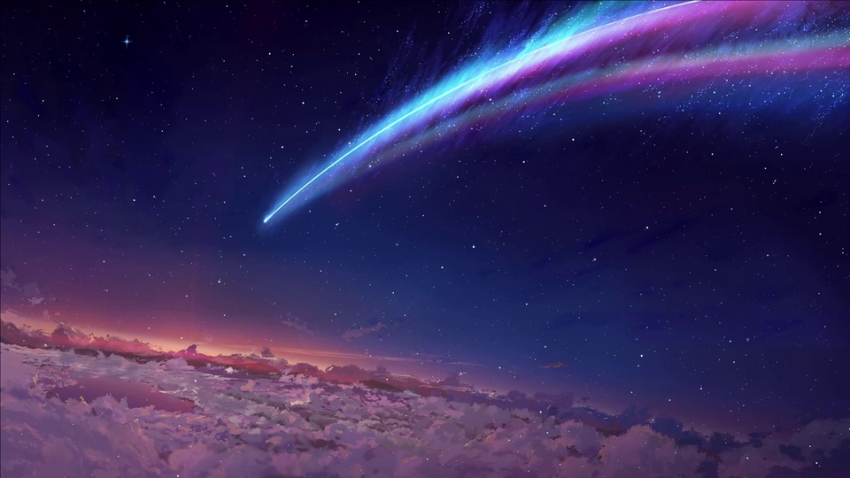 高空云海之上，藏蓝星夜中斜向划过一道带蓝紫渐变长尾的流星，天际晕着粉橙色霞光。