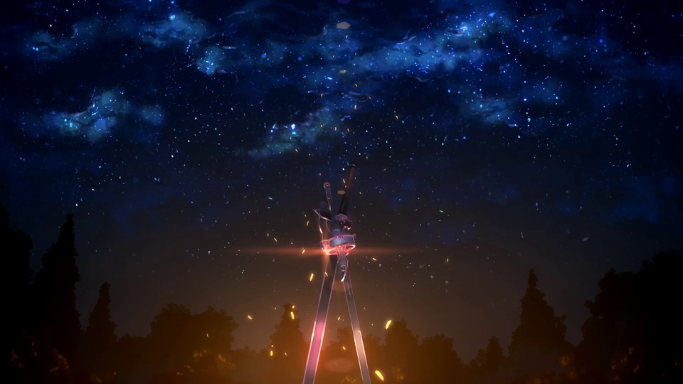 夜空下交叉立在林间的发光佩剑 星点与暖光交织的梦幻夜景